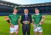 12 October 2023; Uachtarán Chumann Lúthchleas Gael Larry McCarthy with Ireland players Peter Duggan, left, and David Fitzgerald in attendance at the Hurling Shinty International 2023 launch at Croke Park in Dublin. Photo by Piaras Ó Mídheach/Sportsfile