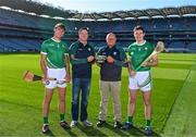 12 October 2023; Ireland players Peter Duggan, left, and David Fitzgerald with team manager Damien Coleman, second from left, and selector Terence McNaughton in attendance at the Hurling Shinty International 2023 launch at Croke Park in Dublin. Photo by Piaras Ó Mídheach/Sportsfile