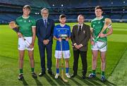 12 October 2023; In attendance, from left, Ireland player Peter Duggan, Uachtarán Chumann Lúthchleas Gael Larry McCarthy, Scotland player Ruairidh Anderson, Camanachd Association president Steven MacKenzie and Ireland player David Fitzgerald at the Hurling Shinty International 2023 launch at Croke Park in Dublin. Photo by Piaras Ó Mídheach/Sportsfile