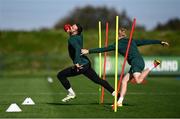 12 October 2023; Shane Duffy and Liam Scales, right, during a Republic of Ireland training session at the FAI National Training Centre in Abbotstown, Dublin. Photo by Stephen McCarthy/Sportsfile