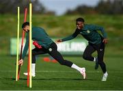 12 October 2023; Andrew Omobamidele and Chiedozie Ogbene, right, during a Republic of Ireland training session at the FAI National Training Centre in Abbotstown, Dublin. Photo by Stephen McCarthy/Sportsfile