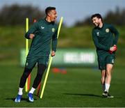 12 October 2023; Callum Robinson and Mikey Johnston, right, during a Republic of Ireland training session at the FAI National Training Centre in Abbotstown, Dublin. Photo by Stephen McCarthy/Sportsfile