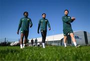 12 October 2023; Players, from left, Festy Ebosele, Andrew Omobamidele and Mikey Johnston during a Republic of Ireland training session at the FAI National Training Centre in Abbotstown, Dublin. Photo by Stephen McCarthy/Sportsfile