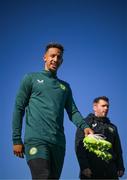 12 October 2023; Callum Robinson and Kevin Mulholland, chartered physiotherapist, right, during a Republic of Ireland training session at the FAI National Training Centre in Abbotstown, Dublin. Photo by Stephen McCarthy/Sportsfile