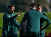 12 October 2023; Jayson Molumby, left, during a Republic of Ireland training session at the FAI National Training Centre in Abbotstown, Dublin. Photo by Stephen McCarthy/Sportsfile