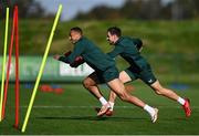 12 October 2023; Adam Idah and Jayson Molumby, right, during a Republic of Ireland training session at the FAI National Training Centre in Abbotstown, Dublin. Photo by Stephen McCarthy/Sportsfile