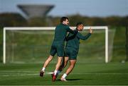 12 October 2023; Adam Idah and Jayson Molumby, left, during a Republic of Ireland training session at the FAI National Training Centre in Abbotstown, Dublin. Photo by Stephen McCarthy/Sportsfile