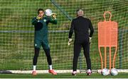 12 October 2023; Goalkeeper Gavin Bazunu and goalkeeping coach Dean Kiely during a Republic of Ireland training session at the FAI National Training Centre in Abbotstown, Dublin. Photo by Stephen McCarthy/Sportsfile