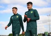 12 October 2023; Goalkeeper Max O'Leary and Dara O'Shea, left, during a Republic of Ireland training session at the FAI National Training Centre in Abbotstown, Dublin. Photo by Stephen McCarthy/Sportsfile