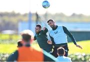 12 October 2023; Shane Duffy and Alan Browne, left, during a Republic of Ireland training session at the FAI National Training Centre in Abbotstown, Dublin. Photo by Stephen McCarthy/Sportsfile