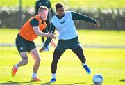 12 October 2023; Callum Robinson and Liam Scales, left, during a Republic of Ireland training session at the FAI National Training Centre in Abbotstown, Dublin. Photo by Stephen McCarthy/Sportsfile