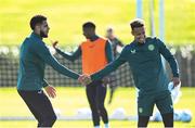 12 October 2023; Andrew Omobamidele, left, and Callum Robinson during a Republic of Ireland training session at the FAI National Training Centre in Abbotstown, Dublin. Photo by Stephen McCarthy/Sportsfile