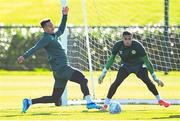 12 October 2023; Callum Robinson and goalkeeper Gavin Bazunu during a Republic of Ireland training session at the FAI National Training Centre in Abbotstown, Dublin. Photo by Stephen McCarthy/Sportsfile