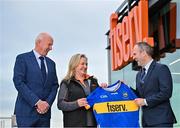 13 October 2023; In attendance at the announcement of Fiserv's Tipperary GAA sponsorship extension at Fiserv Solutions Europe Limited in Dublin are, from left, Tipperary GAA Chair Person Joe Kennedy, EVP, Head of EMEA Region at Fiserv Katia Karpova, and Tipperary GAA Chief Executive Officer Murtagh Brennan. Photo by Sam Barnes/Sportsfile