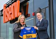 13 October 2023; In attendance at the announcement of Fiserv's Tipperary GAA sponsorship extension at Fiserv Solutions Europe Limited in Dublin are EVP, Head of EMEA Region at Fiserv Katia Karpova, and Tipperary GAA Chief Executive Officer Murtagh Brennan. Photo by Sam Barnes/Sportsfile