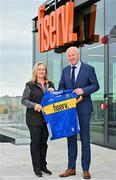13 October 2023; In attendance at the announcement of Fiserv's Tipperary GAA sponsorship extension at Fiserv Solutions Europe Limited in Dublin are EVP, Head of EMEA Region at Fiserv Katia Karpova, and Tipperary GAA Chair Person Joe Kennedy. Photo by Sam Barnes/Sportsfile