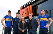 13 October 2023; In attendance at the announcement of Fiserv's Tipperary GAA sponsorship extension at Fiserv Solutions Europe Limited in Dublin are, from left, Tipperary dual player Steven O'Brien, Tipperary hurler Jake Morris, EVP, Head of EMEA Region at Fiserv Katia Karpova, Tipperary hurling manager Liam Cahill, and Tipperary hurler Séamus Kennedy. Photo by Sam Barnes/Sportsfile