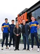 13 October 2023; In attendance at the announcement of Fiserv's Tipperary GAA sponsorship extension at Fiserv Solutions Europe Limited in Dublin are, from left, Tipperary dual player Steven O'Brien, Tipperary hurler Jake Morris, EVP, Head of EMEA Region at Fiserv Katia Karpova, Tipperary hurling manager Liam Cahill, and Tipperary hurler Séamus Kennedy. Photo by Sam Barnes/Sportsfile