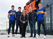 13 October 2023; In attendance at the announcement of Fiserv's Tipperary GAA sponsorship extension at Fiserv Solutions Europe Limited in Dublin are, from left, Tipperary dual player Steven O'Brien, Tipperary hurler Jake Morris, EVP, Head of EMEA Region at Fiserv Katia Karpova, Tipperary hurling manager Liam Cahill, and Tipperary hurler Séamus Kennedy. Photo by Sam Barnes/Sportsfile