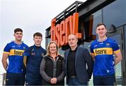 13 October 2023; In attendance at the announcement of Fiserv's Tipperary GAA sponsorship extension at Fiserv Solutions Europe Limited in Dublin are, from left, Tipperary dual player Steven O'Brien, Tipperary hurler Jake Morris, EVP, Head of EMEA Region at Fiserv Katia Karpova, Tipperary hurling manager Liam Cahill, and Tipperary hurler Séamus Kennedy. Photo by Sam Barnes/Sportsfile
