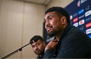 12 October 2023; Ardie Savea, right, and Richie Mo'Unga during a New Zealand rugby media conference at the Paxton Hotel in Paris, France. Photo by Harry Murphy/Sportsfile