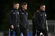 12 October 2023; Bohemians management, from left, first team coach Derek Pender, manager Declan Devine and assistant manager Gary Cronin after the SSE Airtricity Men's Premier Division match between UCD and Bohemians at UCD Bowl in Dublin. Photo by Ben McShane/Sportsfile