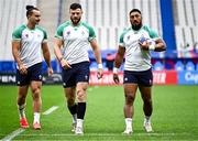 13 October 2023; Ireland players, from left, James Lowe, Robbie Henshaw and Bundee Aki during an Ireland Rugby captain's run at the Stade de France in Paris, France. Photo by Harry Murphy/Sportsfile