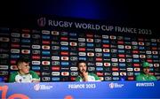 13 October 2023; Dan Sheehan, left, Caelan Doris and assistant coach Mike Catt during an Ireland Rugby media conference at the Stade de France in Paris, France. Photo by Harry Murphy/Sportsfile