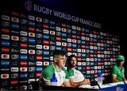 13 October 2023; Dan Sheehan, left, Caelan Doris and assistant coach Mike Catt during an Ireland Rugby media conference at the Stade de France in Paris, France. Photo by Harry Murphy/Sportsfile