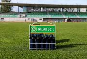 13 October 2023; A general view of Republic of Ireland U21water bottles before the UEFA European U21 Championship qualifying group A match between Latvia and Republic of Ireland at the Zemgales Olympic Centre in Jelgava, Latvia. Photo by Gerry Scully/Sportsfile