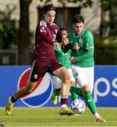 13 October 2023; James Furlong of Republic of Ireland in action against Kristians Kauselis of Latvia during the UEFA European U21 Championship qualifying group A match between Latvia and Republic of Ireland at the Zemgales Olympic Centre in Jelgava, Latvia. Photo by Roman Koksarov/Sportsfile