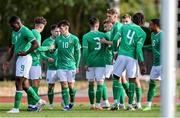 13 October 2023; Armstrong Okoflex of Republic of Ireland, right, celebrates with teammates after scoring their side's first goal during the UEFA European U21 Championship qualifying group A match between Latvia and Republic of Ireland at the Zemgales Olympic Centre in Jelgava, Latvia. Photo by Gerry Scully/Sportsfile