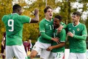 13 October 2023; Armstrong Okoflex of Republic of Ireland, centre, celebrates with team-mates Tony Springett, left, and James Furlong, right, after scoring his side's second goal during the UEFA European U21 Championship qualifying group A match between Latvia and Republic of Ireland at the Zemgales Olympic Centre in Jelgava, Latvia. Photo by Roman Koksarov/Sportsfile