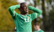 13 October 2023; Aidomo Emakhu of Republic of Ireland reacts during the UEFA European U21 Championship qualifying group A match between Latvia and Republic of Ireland at the Zemgales Olympic Centre in Jelgava, Latvia. Photo by Roman Koksarov/Sportsfile