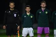 11 October 2023; Matthew Moore, left, and Joe Collins of Republic of Ireland during the UEFA European U17 Championship qualifying group 10 match between Republic of Ireland and Armenia at Carrig Park in Fermoy, Cork. Photo by Eóin Noonan/Sportsfile