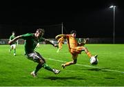 11 October 2023; Kaylem Harnett of Republic of Ireland in action against Aram Aharonyan of Armenia during the UEFA European U17 Championship qualifying group 10 match between Republic of Ireland and Armenia at Carrig Park in Fermoy, Cork. Photo by Eóin Noonan/Sportsfile