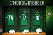 13 October 2023; The Republic of Ireland jerseys of, from left, Jayson Molumby, Jason Knight and Jamie McGrath hang in the dressing room before the UEFA EURO 2024 Championship qualifying group B match between Republic of Ireland and Greece at the Aviva Stadium in Dublin. Photo by Stephen McCarthy/Sportsfile