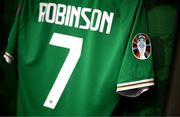 13 October 2023; The Republic of Ireland jersey of Callum Robinson is seen in the dressing room before the UEFA EURO 2024 Championship qualifying group B match between Republic of Ireland and Greece at the Aviva Stadium in Dublin. Photo by Stephen McCarthy/Sportsfile