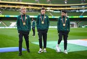13 October 2023; Republic of Ireland players, from left, Liam Scales, Dara O'Shea and Mikey Johnston before the UEFA EURO 2024 Championship qualifying group B match between Republic of Ireland and Greece at the Aviva Stadium in Dublin. Photo by Stephen McCarthy/Sportsfile