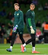 13 October 2023; Republic of Ireland goalkeeper Mark Travers, left, and Gavin Bazunu before the UEFA EURO 2024 Championship qualifying group B match between Republic of Ireland and Greece at the Aviva Stadium in Dublin. Photo by Seb Daly/Sportsfile