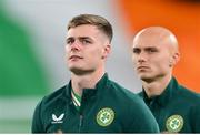 13 October 2023; Evan Ferguson, left, and Will Smallbone of Republic of Ireland before the UEFA EURO 2024 Championship qualifying group B match between Republic of Ireland and Greece at the Aviva Stadium in Dublin. Photo by Seb Daly/Sportsfile