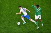 13 October 2023; Petros Mantalos of Greece in action against Chiedozie Ogbene of Republic of Ireland during the UEFA EURO 2024 Championship qualifying group B match between Republic of Ireland and Greece at the Aviva Stadium in Dublin. Photo by Sam Barnes/Sportsfile