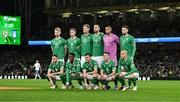 13 October 2023; The Republic of Ireland team, back row, from left, Liam Scales, Evan Ferguson, Nathan Collins, captain Shane Duffy, goalkeeper Gavin Bazunu and Matt Doherty. Front row, from left, Alan Browne, Chiedozie Ogbene, Jason Knight, Josh Cullen and Will Smallbone before the UEFA EURO 2024 Championship qualifying group B match between Republic of Ireland and Greece at the Aviva Stadium in Dublin. Photo by Tyler Miller/Sportsfile