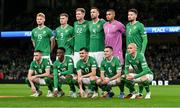 13 October 2023; The Republic of Ireland team, back row, from left, Liam Scales, Evan Ferguson, Nathan Collins, captain Shane Duffy, goalkeeper Gavin Bazunu and Matt Doherty. Front row, from left, Alan Browne, Chiedozie Ogbene, Jason Knight, Josh Cullen and Will Smallbone before the UEFA EURO 2024 Championship qualifying group B match between Republic of Ireland and Greece at the Aviva Stadium in Dublin. Photo by Tyler Miller/Sportsfile