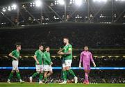 13 October 2023; Shane Duffy of Republic of Ireland prepares for the team photograph with his teammates before the UEFA EURO 2024 Championship qualifying group B match between Republic of Ireland and Greece at the Aviva Stadium in Dublin. Photo by Stephen McCarthy/Sportsfile