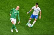 13 October 2023; Will Smallbone of Republic of Ireland in action against Petros Mantalos of Greece during the UEFA EURO 2024 Championship qualifying group B match between Republic of Ireland and Greece at the Aviva Stadium in Dublin. Photo by Sam Barnes/Sportsfile