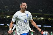 13 October 2023; Giorgos Giakoumakis of Greece celebrates after scoring his side's first goal during the UEFA EURO 2024 Championship qualifying group B match between Republic of Ireland and Greece at the Aviva Stadium in Dublin. Photo by Tyler Miller/Sportsfile