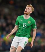13 October 2023; Liam Scales of Republic of Ireland reacts during the UEFA EURO 2024 Championship qualifying group B match between Republic of Ireland and Greece at the Aviva Stadium in Dublin. Photo by Seb Daly/Sportsfile