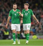 13 October 2023; Shane Duffy, left, and Nathan Collins of Republic of Ireland during the UEFA EURO 2024 Championship qualifying group B match between Republic of Ireland and Greece at the Aviva Stadium in Dublin. Photo by Seb Daly/Sportsfile
