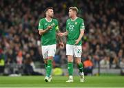 13 October 2023; Shane Duffy, left, and Nathan Collins of Republic of Ireland during the UEFA EURO 2024 Championship qualifying group B match between Republic of Ireland and Greece at the Aviva Stadium in Dublin. Photo by Seb Daly/Sportsfile